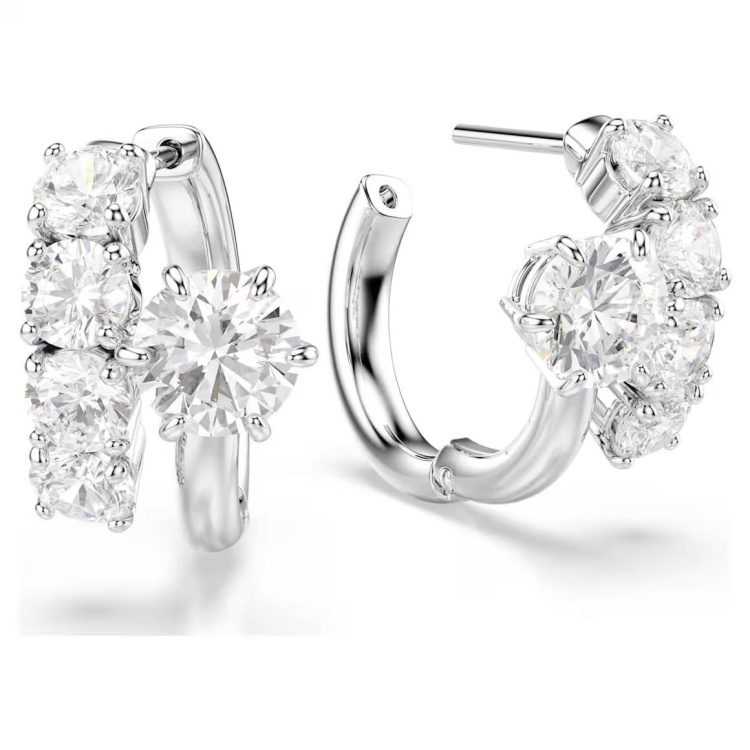 Matrix hoop earrings Round cut, White, Rhodium plated